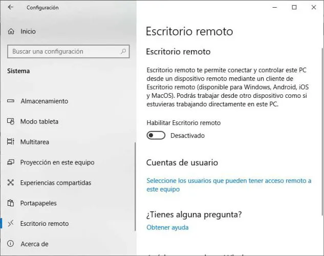 Activar Escritorio Remoto en Windows 10