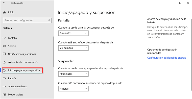 Configuración de energía en Windows 10