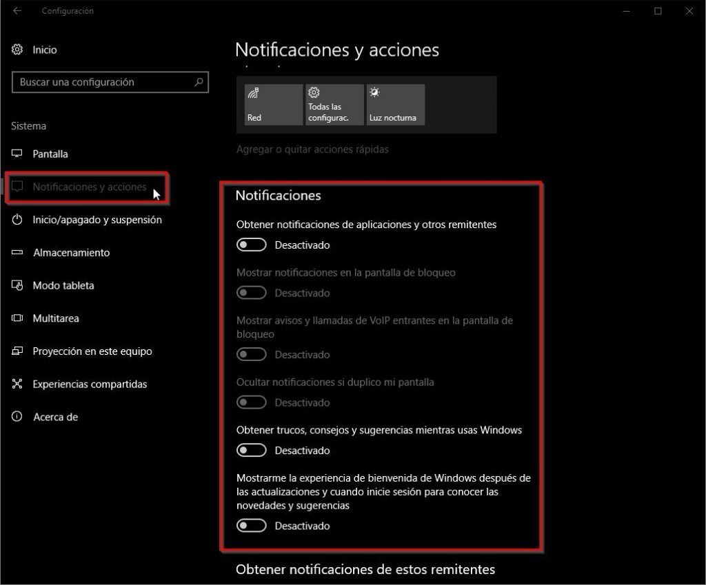Desactivar notificaciones en Windows 10