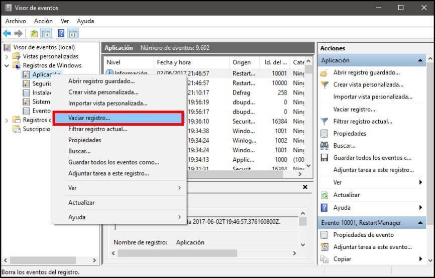 Eliminar registros del visor de eventos en Windows 10