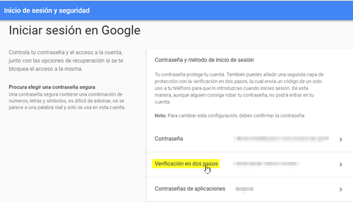Verificación en dos pasos de cuenta Google. Códigos de seguridad